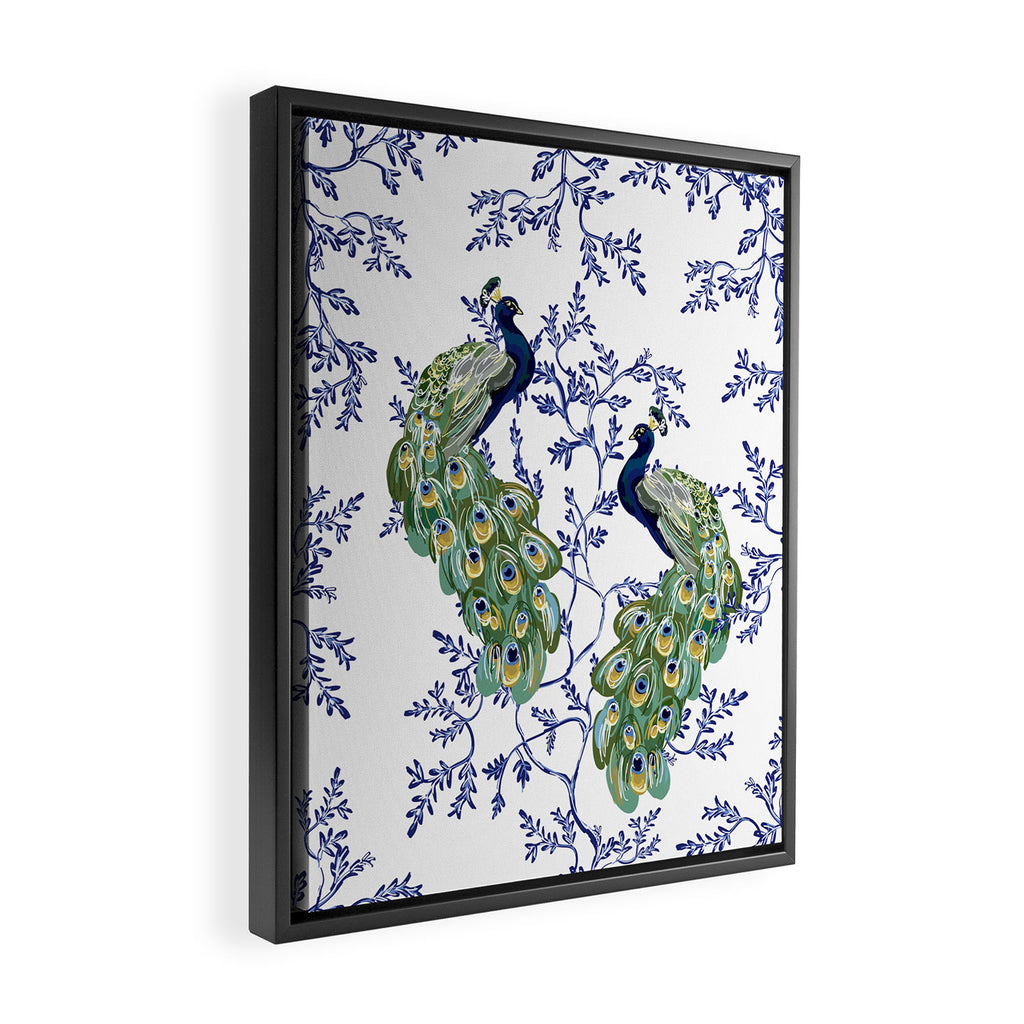 Chinoiserie Peacock Blue & White Floral Framed Canvas Print Gallery Image 2