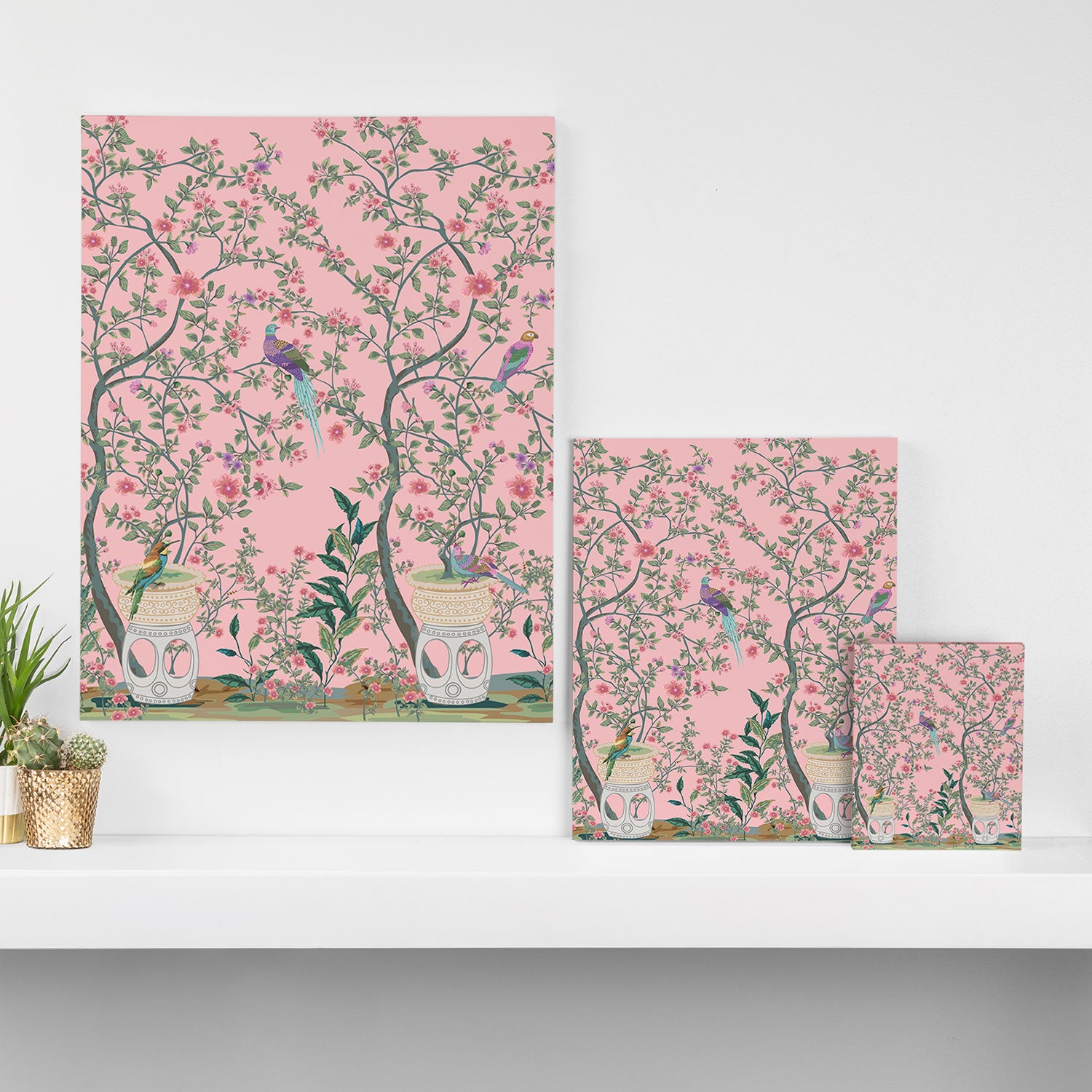 Chinoiserie Pink Fresco Floral Garden Birds Oriental Botanical Canvas Print Gallery Image 3