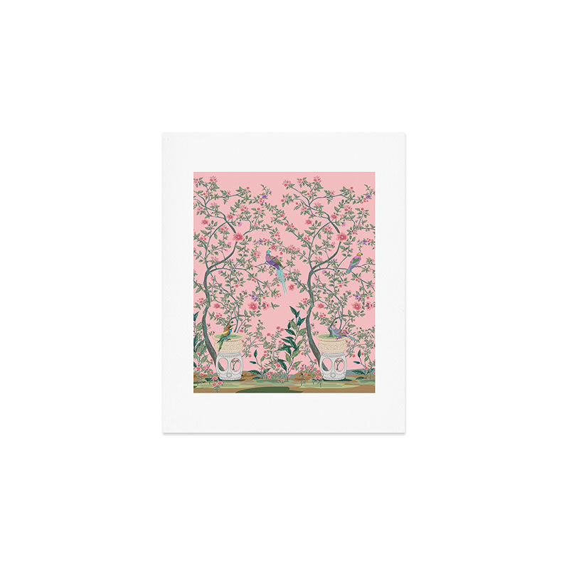 Chinoiserie Pink Fresco Floral Garden Birds Oriental Botanical Art Print Gallery Image 1