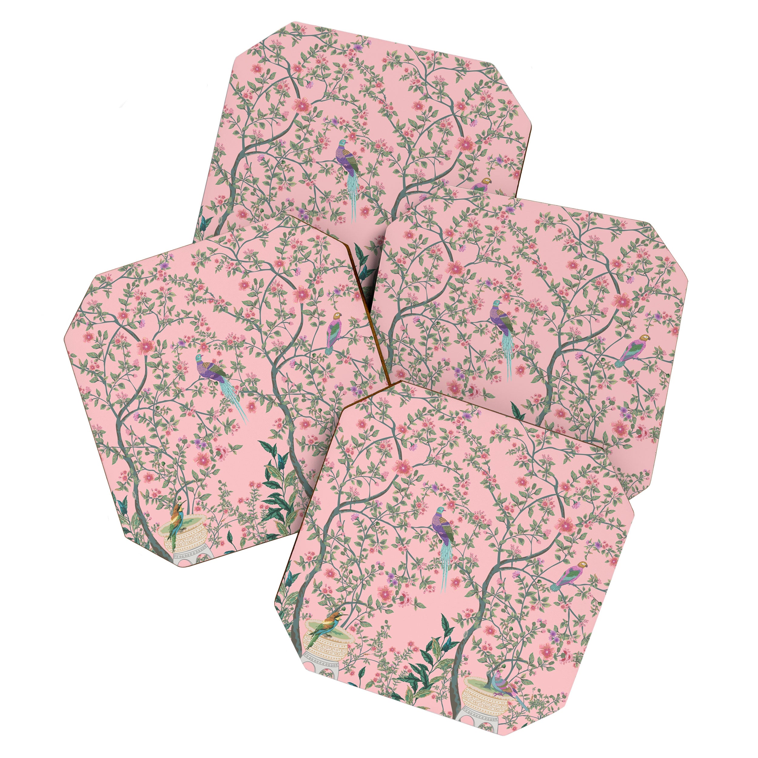 Chinoiserie Pink Fresco Floral Garden Birds Oriental Botanical Coaster Gallery Image 1