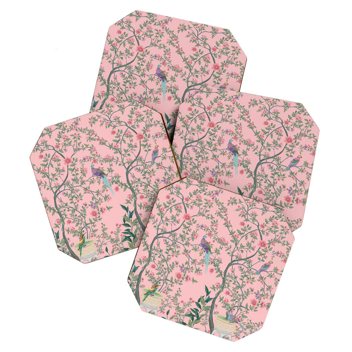 Chinoiserie Pink Fresco Floral Garden Birds Oriental Botanical Coaster Gallery Image 1