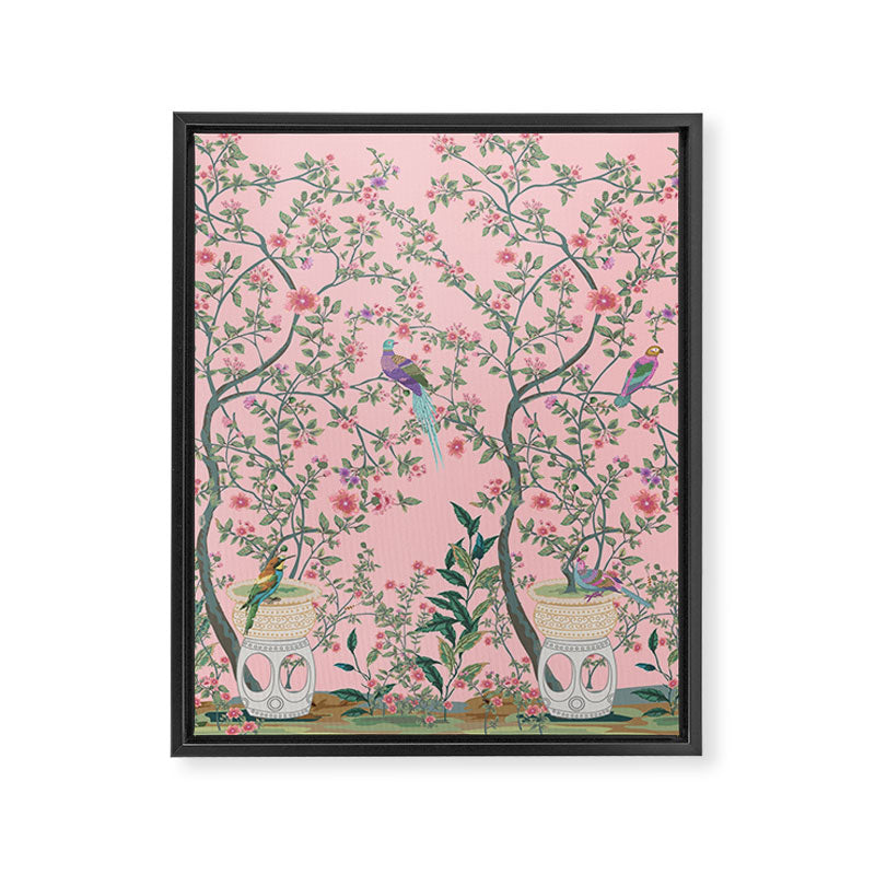 Chinoiserie Pink Fresco Floral Garden Birds Oriental Botanical Framed Canvas Print Gallery Image 8