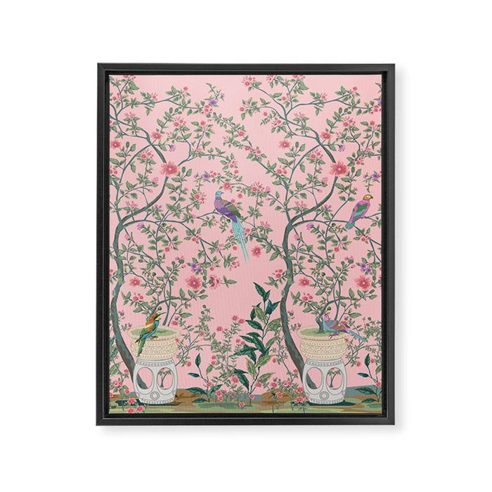 Chinoiserie Pink Fresco Floral Garden Birds Oriental Botanical Framed Canvas Print Gallery Image 1