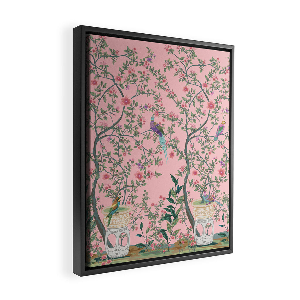 Chinoiserie Pink Fresco Floral Garden Birds Oriental Botanical Framed Canvas Print Gallery Image 2