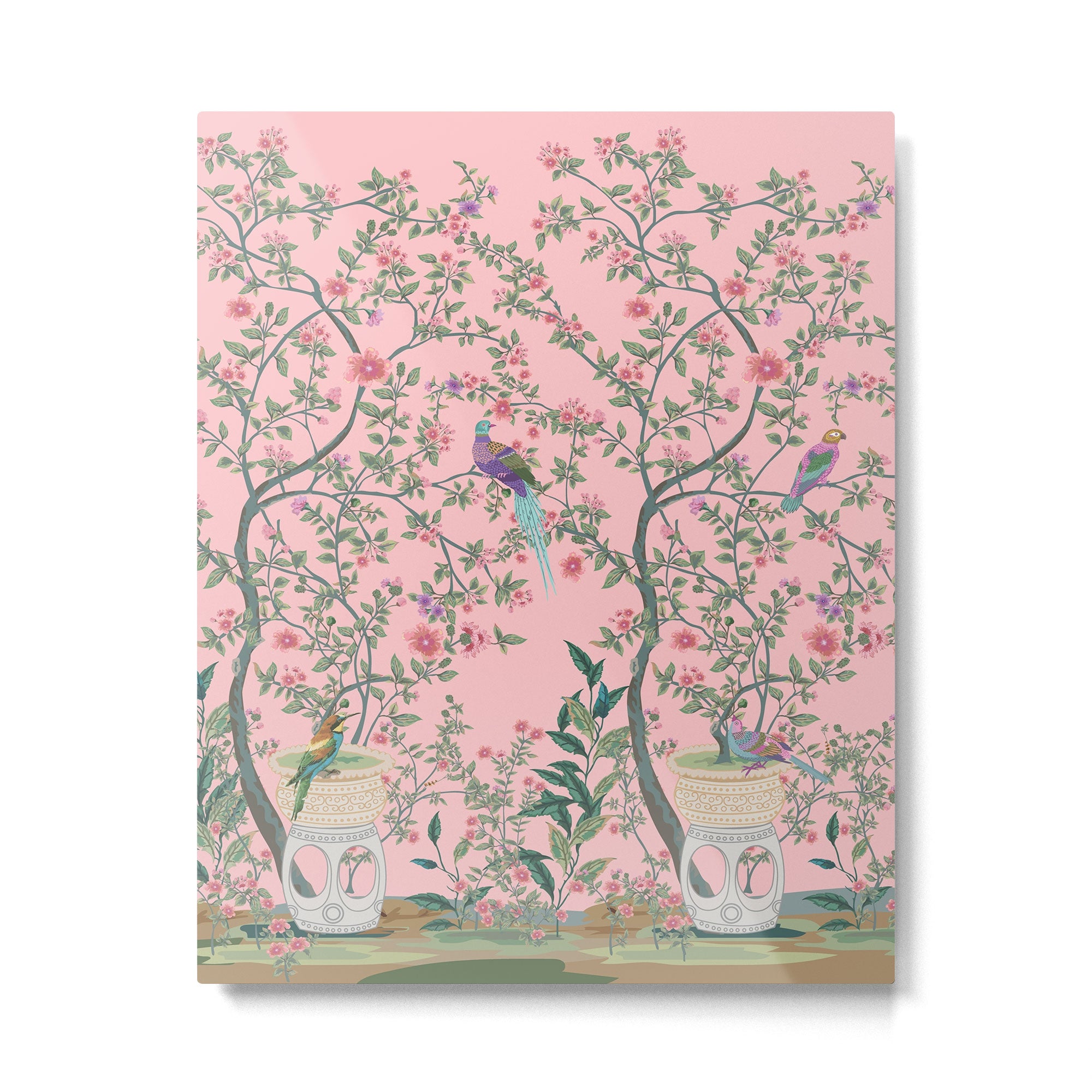 Chinoiserie Pink Fresco Floral Garden Birds Oriental Botanical Metal Print Gallery Image 6