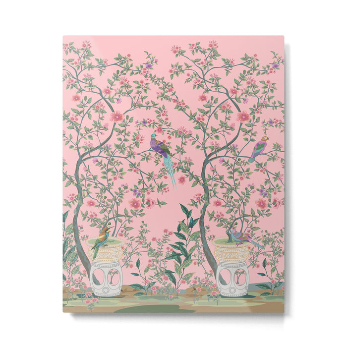 Chinoiserie Pink Fresco Floral Garden Birds Oriental Botanical Metal Print Gallery Image 1