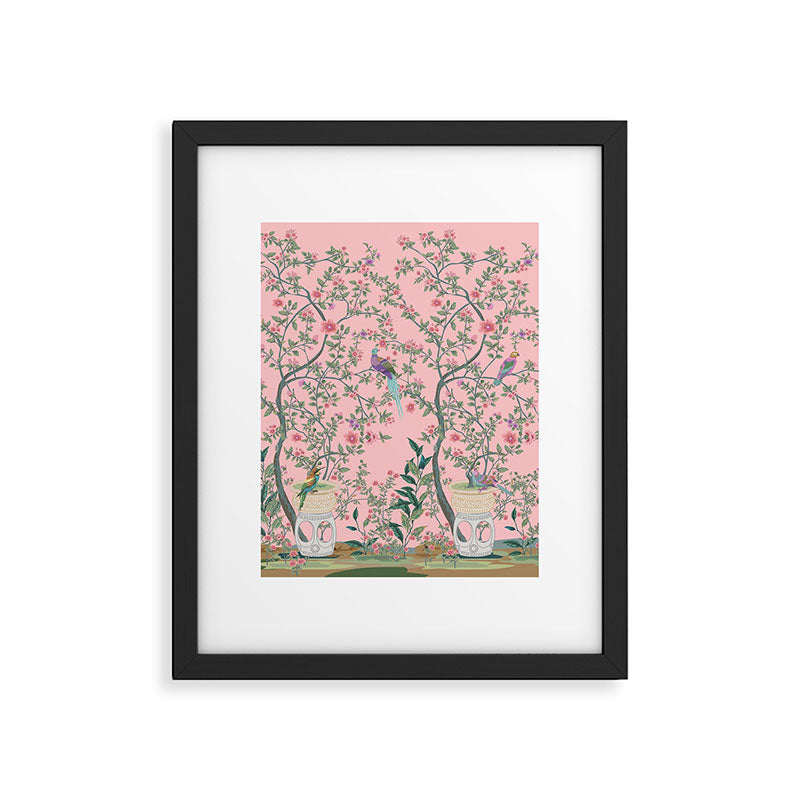 Chinoiserie Pink Fresco Floral Garden Birds Oriental Botanical Framed Art Print Gallery Image 6