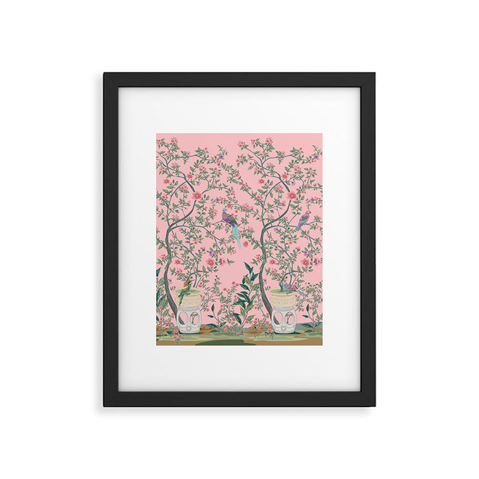 Chinoiserie Pink Fresco Floral Garden Birds Oriental Botanical Framed Art Print Gallery Image 1