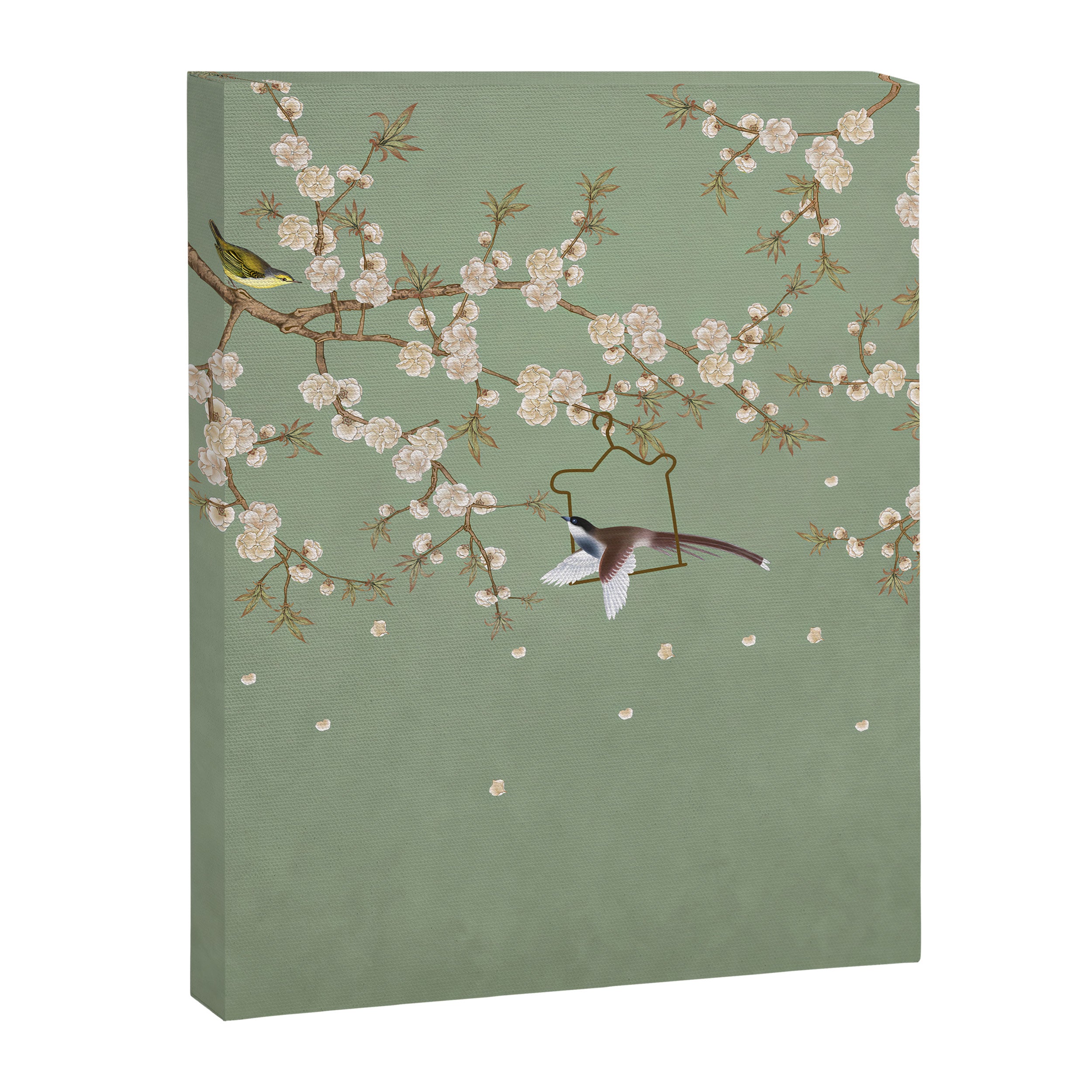 Chinoiserie Sage Green Cherry Blossom Bird Garden Canvas Print Gallery Image 6