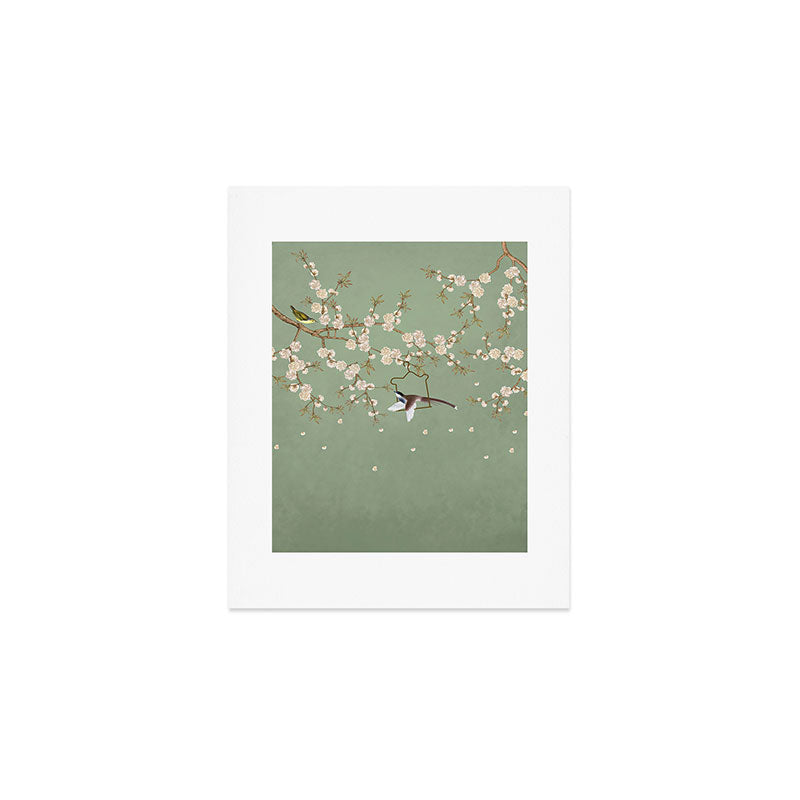 Chinoiserie Sage Green Cherry Blossom Bird Garden Art Print Gallery Image 1