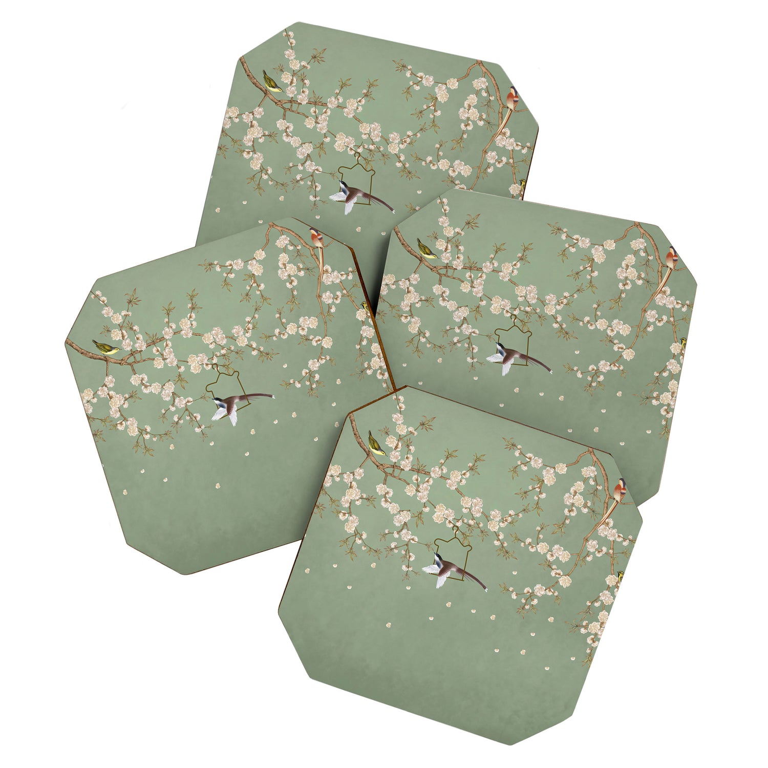 Chinoiserie Sage Green Cherry Blossom Bird Garden Coaster Gallery Image 1