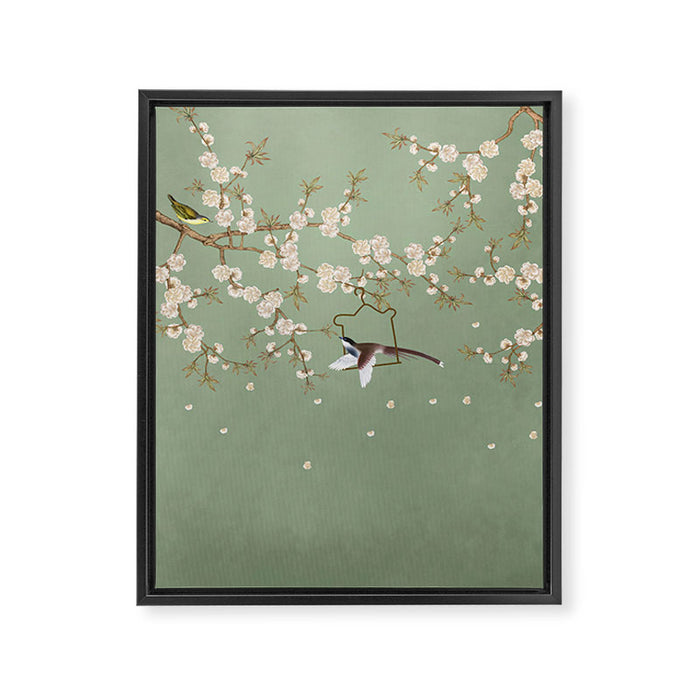 Chinoiserie Sage Green Cherry Blossom Bird Garden Framed Canvas Print Gallery Image 1