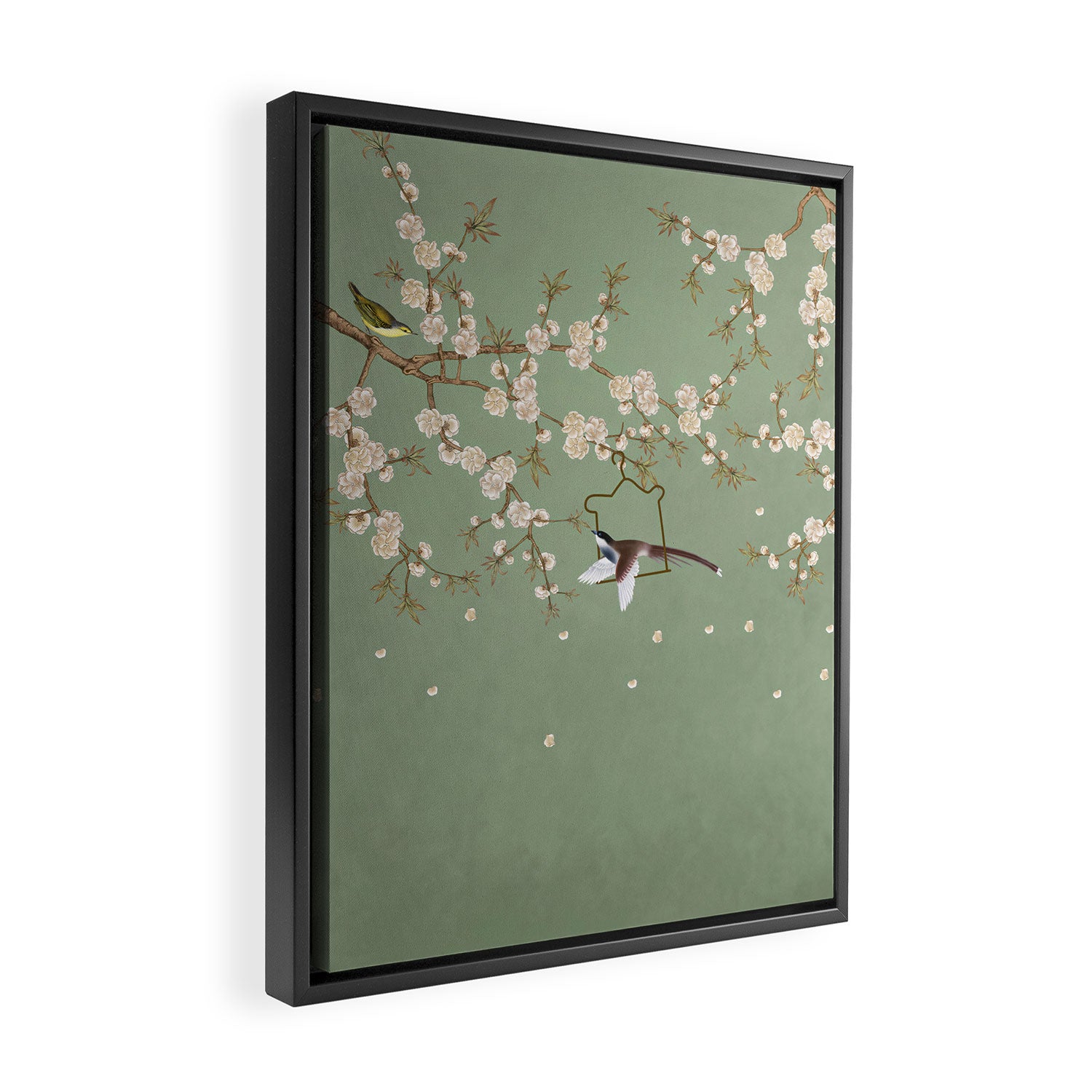 Chinoiserie Sage Green Cherry Blossom Bird Garden Framed Canvas Print Gallery Image 2