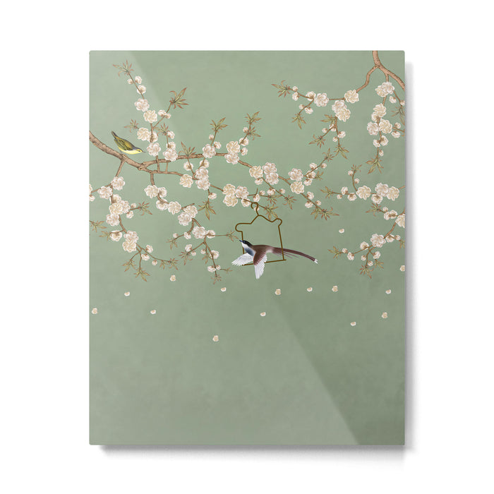 Chinoiserie Sage Green Cherry Blossom Bird Garden Metal Print Gallery Image 1