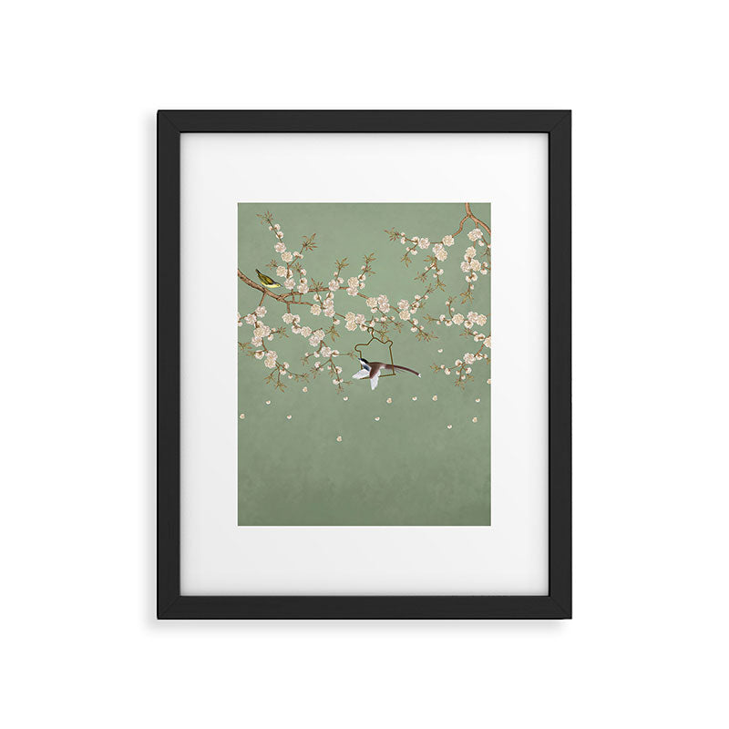 Chinoiserie Sage Green Cherry Blossom Bird Garden Framed Art Print Gallery Image 4