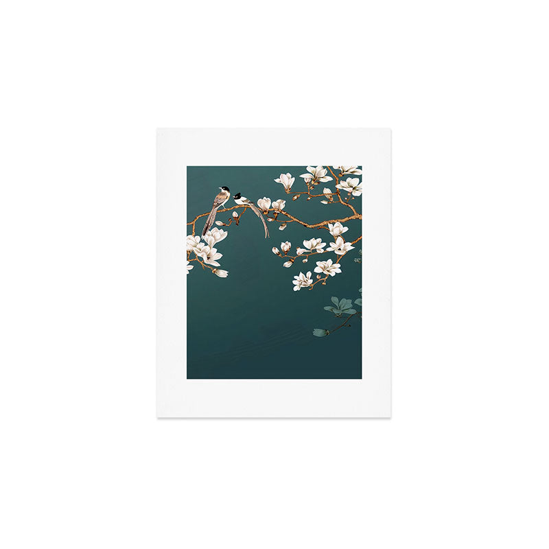 Chinoiserie Teal Magnolia Blossom Bird Garden Art Print Gallery Image 1