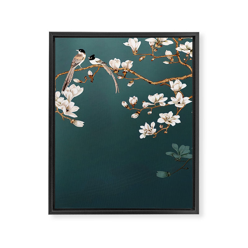 Chinoiserie Teal Magnolia Blossom Bird Garden Framed Canvas Print Gallery Image 6