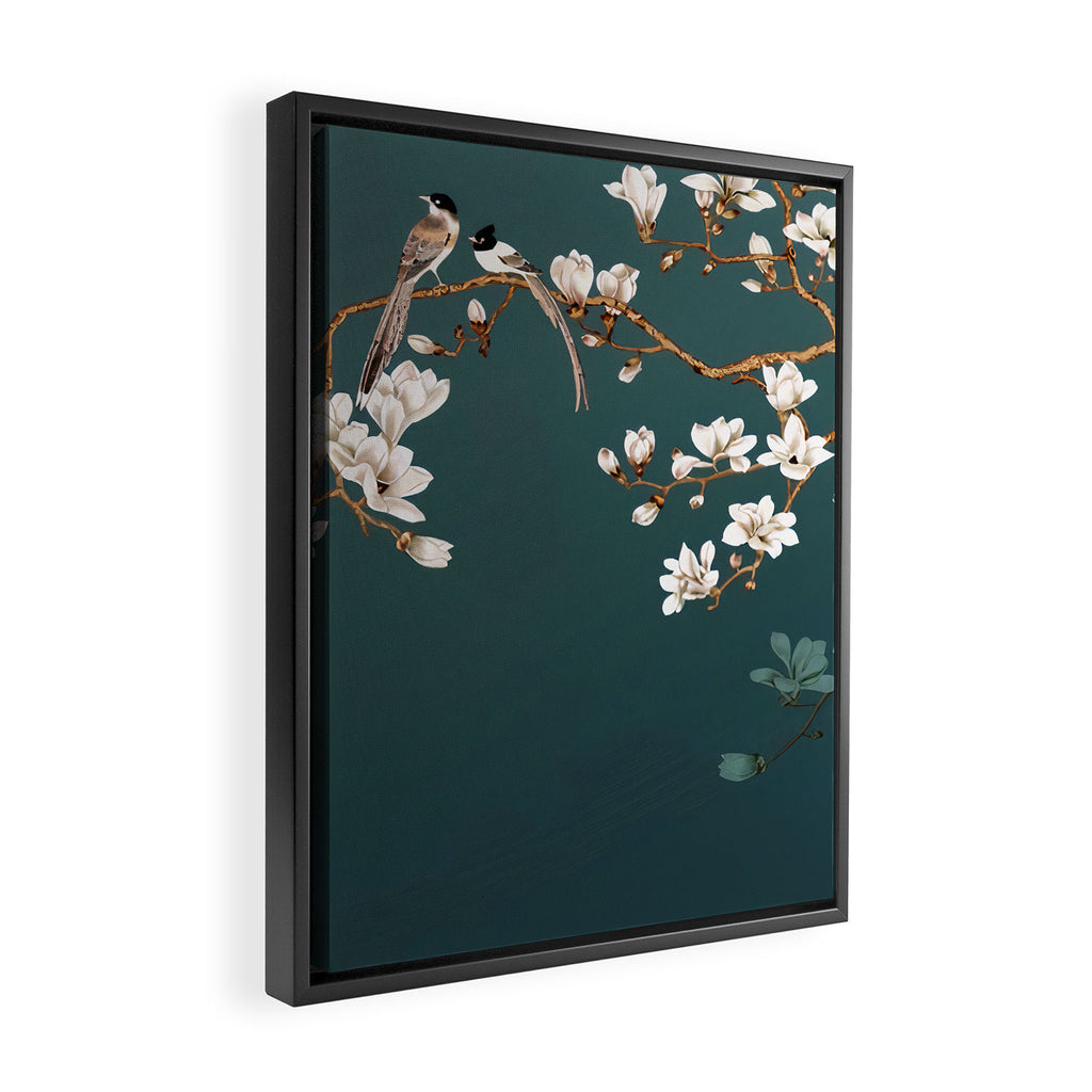 Chinoiserie Teal Magnolia Blossom Bird Garden Framed Canvas Print Gallery Image 2