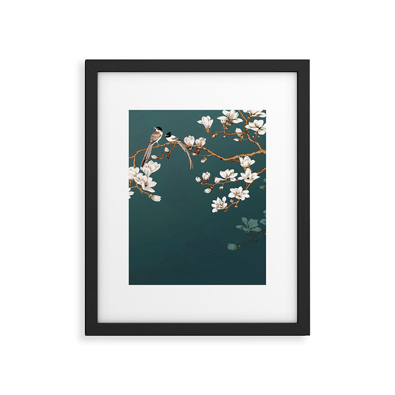 Chinoiserie Teal Magnolia Blossom Bird Garden Framed Art Print Gallery Image 5