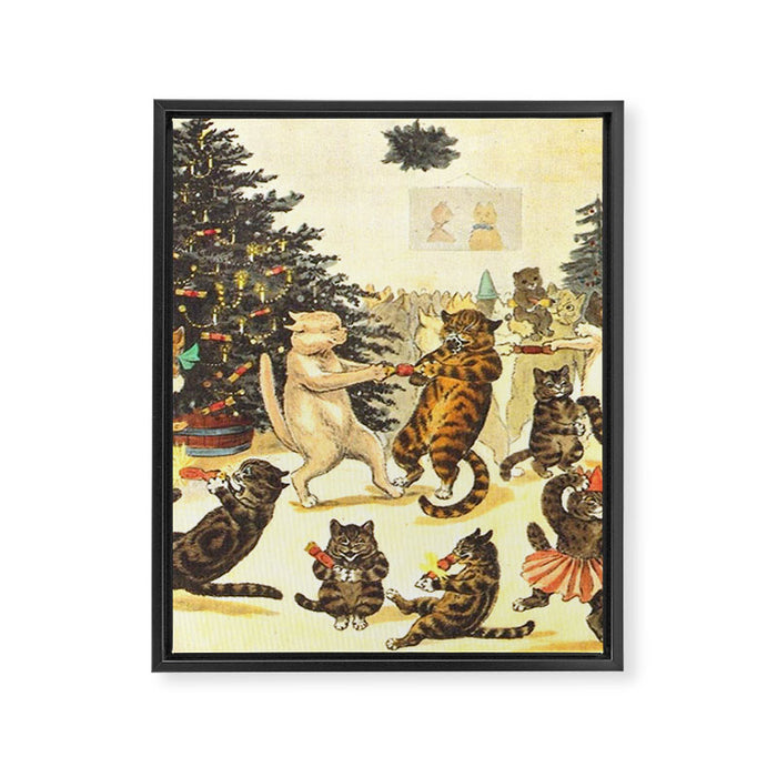 'Christmas Party Cats' by Louis Wain Vintage Cat Art Framed Canvas Print Gallery Image 1
