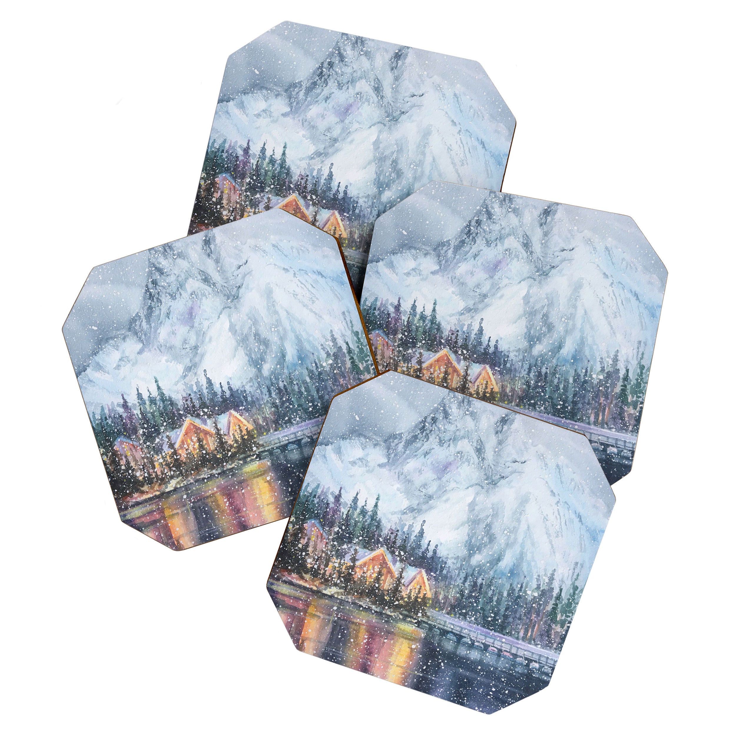 Enchanting Snowy Log Cabin Alpine Lake Coaster Gallery Image 1