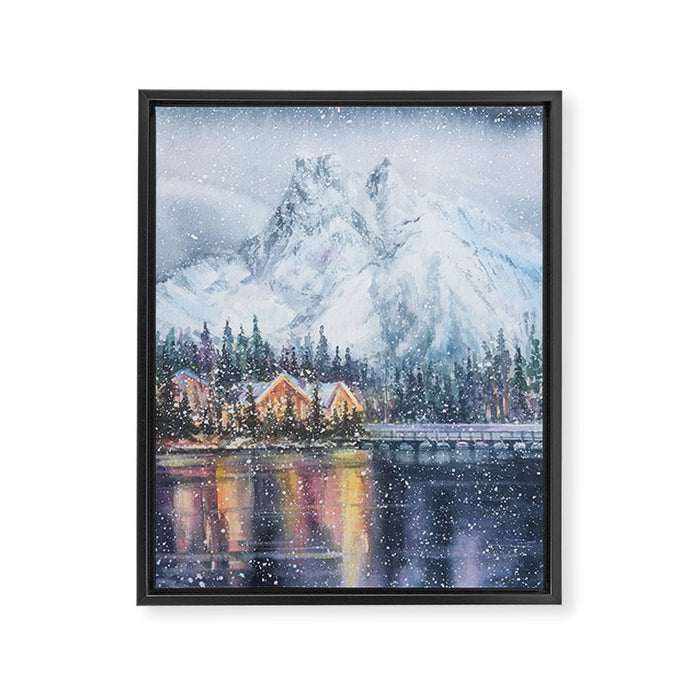 Enchanting Snowy Log Cabin Alpine Lake Framed Canvas Print Gallery Image 1