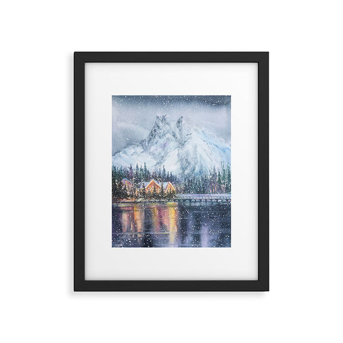 Enchanting Snowy Log Cabin Alpine Lake Framed Art Print Gallery Image 1