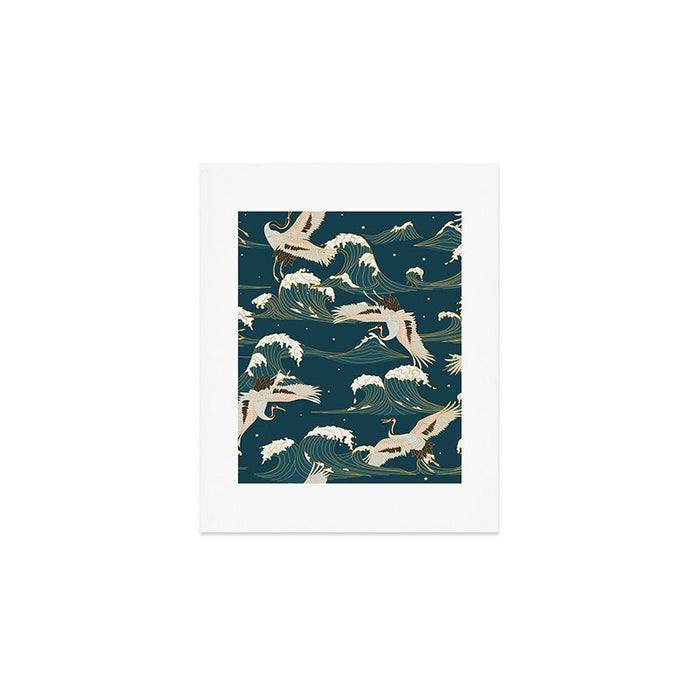 Japanese Crane Oriental Ocean Wave Pattern Art Print Gallery Image 1