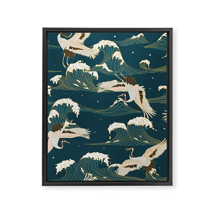 Japanese Crane Oriental Ocean Wave Pattern Framed Canvas Print Gallery Image 1