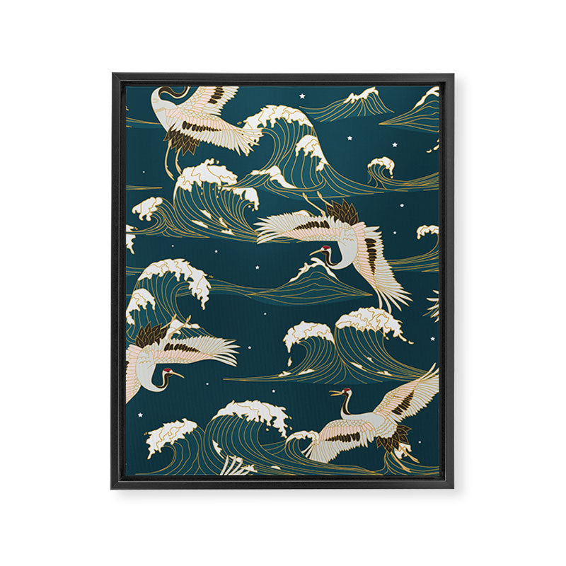 Japanese Crane Oriental Ocean Wave Pattern Framed Canvas Print Gallery Image 8