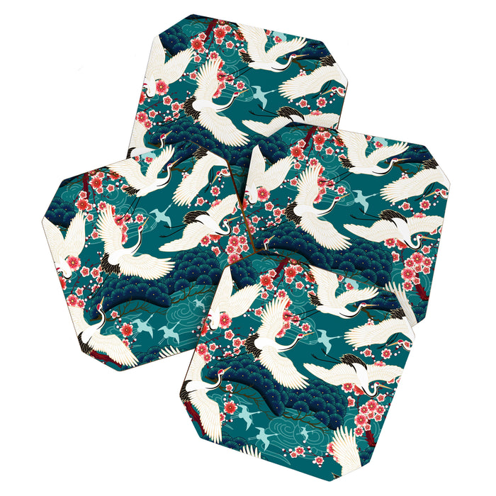 Japanese Crane Oriental Teal Ocean Pattern Coaster Gallery Image 1