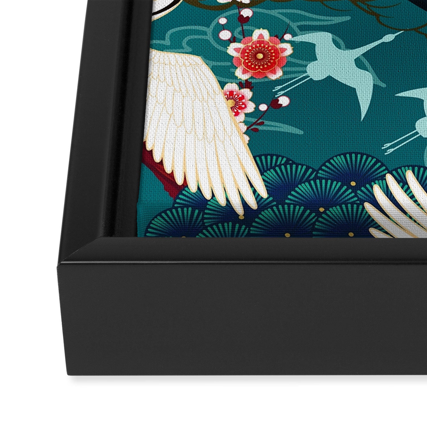 Japanese Crane Oriental Teal Ocean Pattern Framed Canvas Print Gallery Image 3