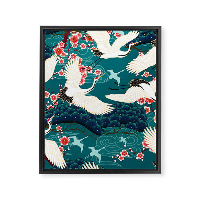 Japanese Crane Oriental Teal Ocean Pattern Framed Canvas Print Gallery Image 1