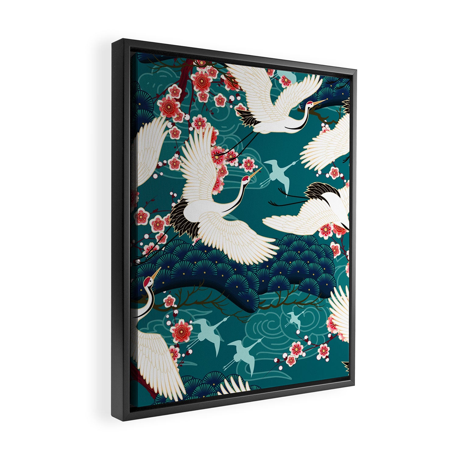 Japanese Crane Oriental Teal Ocean Pattern Framed Canvas Print Gallery Image 2