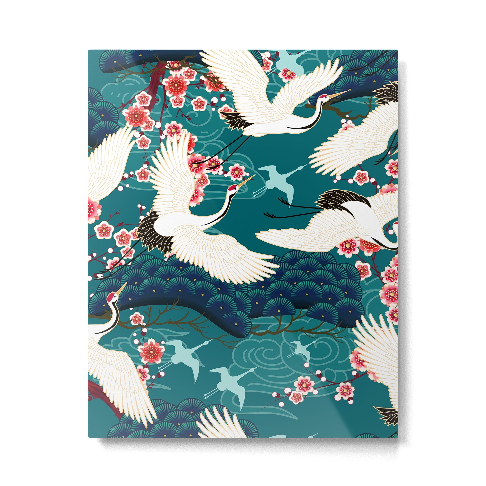 Japanese Crane Oriental Teal Ocean Pattern Metal Print Gallery Image 4