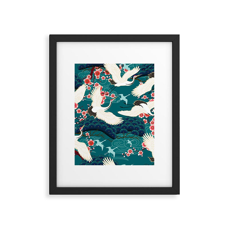 Japanese Crane Oriental Teal Ocean Pattern Framed Art Print Gallery Image 5