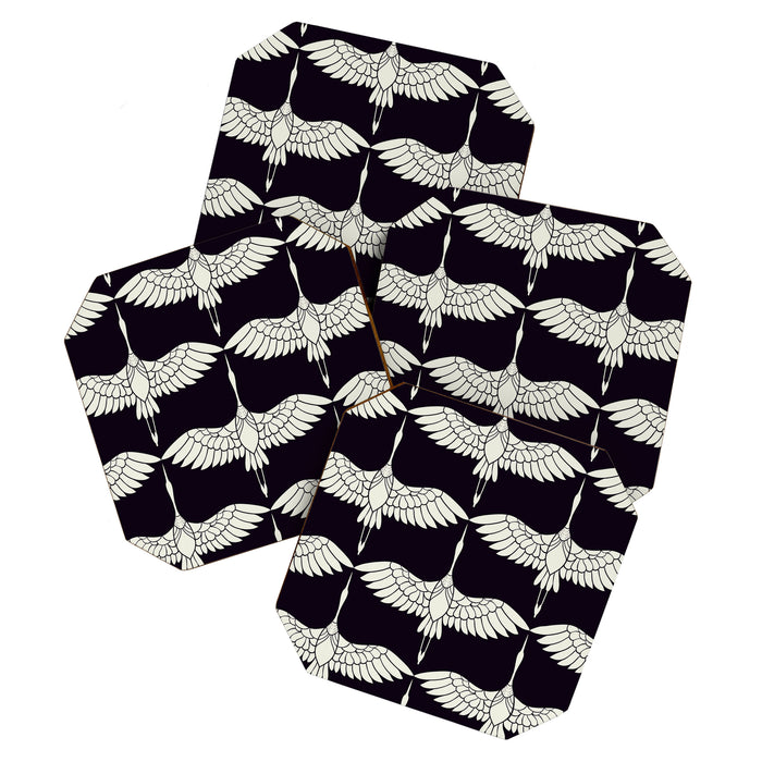Japanese Crane Ornate Art Deco Black & White Pattern Coaster Gallery Image 1