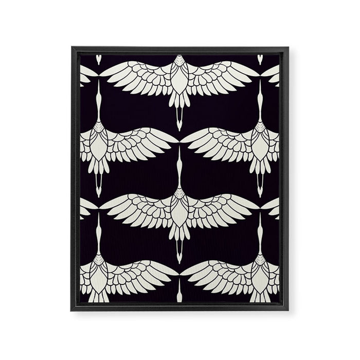 Japanese Crane Ornate Art Deco Black & White Pattern Framed Canvas Print Gallery Image 1