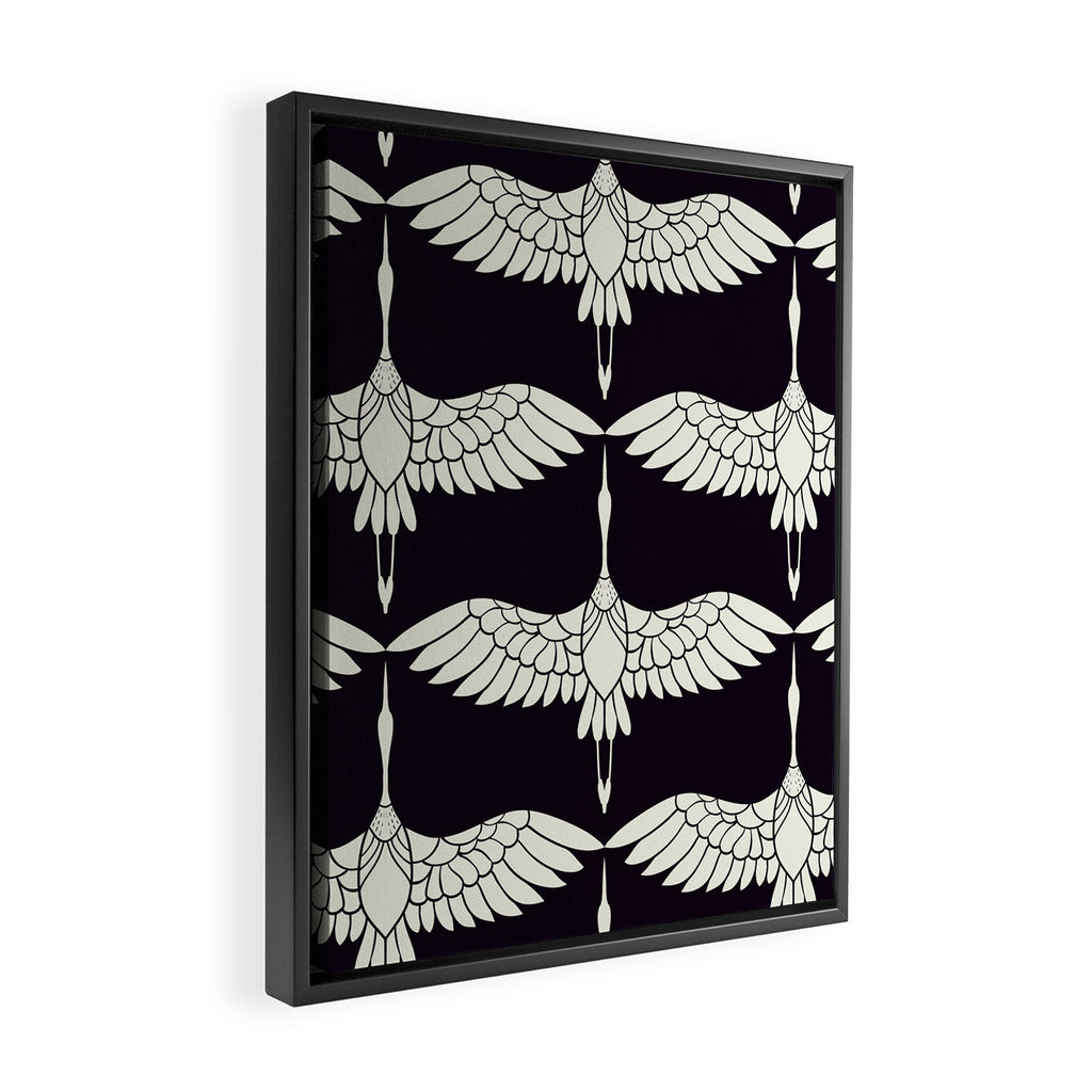 Japanese Crane Ornate Art Deco Black & White Pattern Framed Canvas Print Gallery Image 2