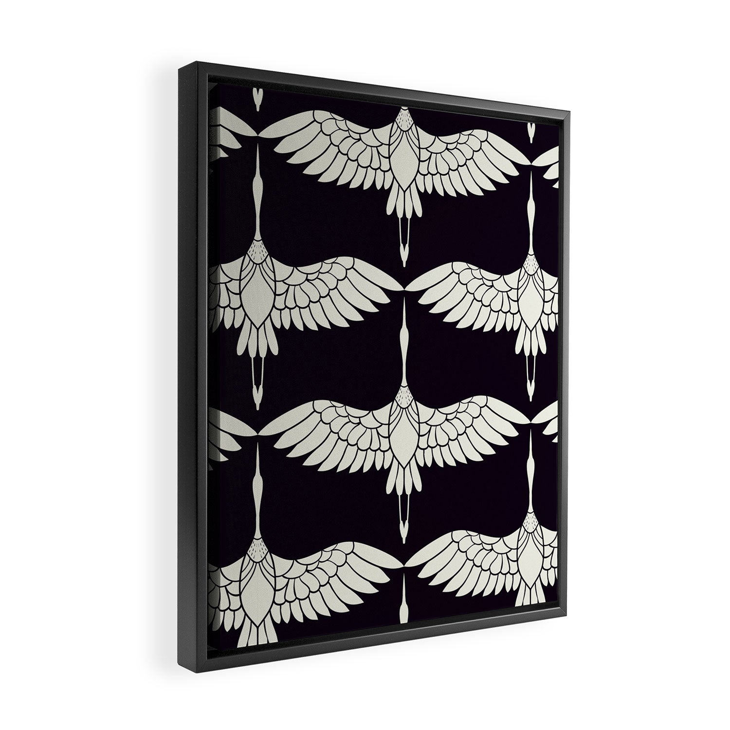 Japanese Crane Ornate Art Deco Black & White Pattern Framed Canvas Print Gallery Image 2