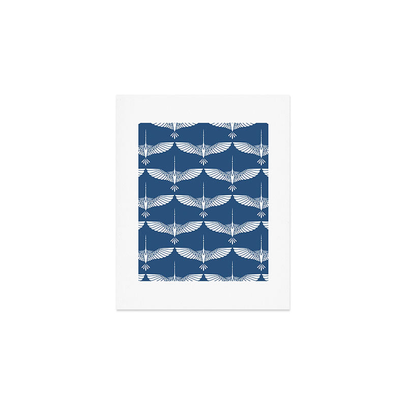 Japanese Crane Ornate Art Deco Blue & White Pattern Art Print Gallery Image 1