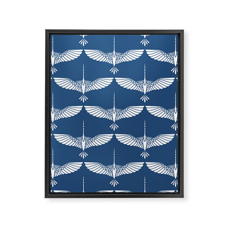 Japanese Crane Ornate Art Deco Blue & White Pattern Framed Canvas Print Gallery Image 8