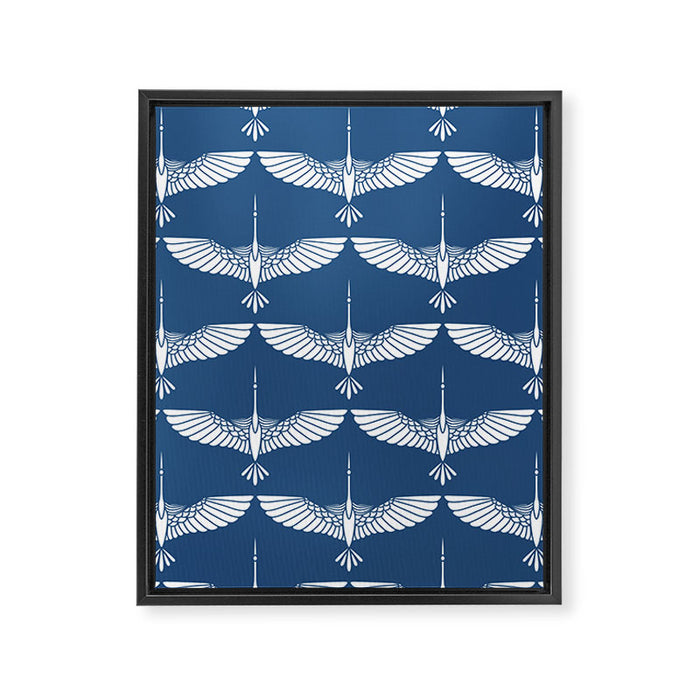 Japanese Crane Ornate Art Deco Blue & White Pattern Framed Canvas Print Gallery Image 1