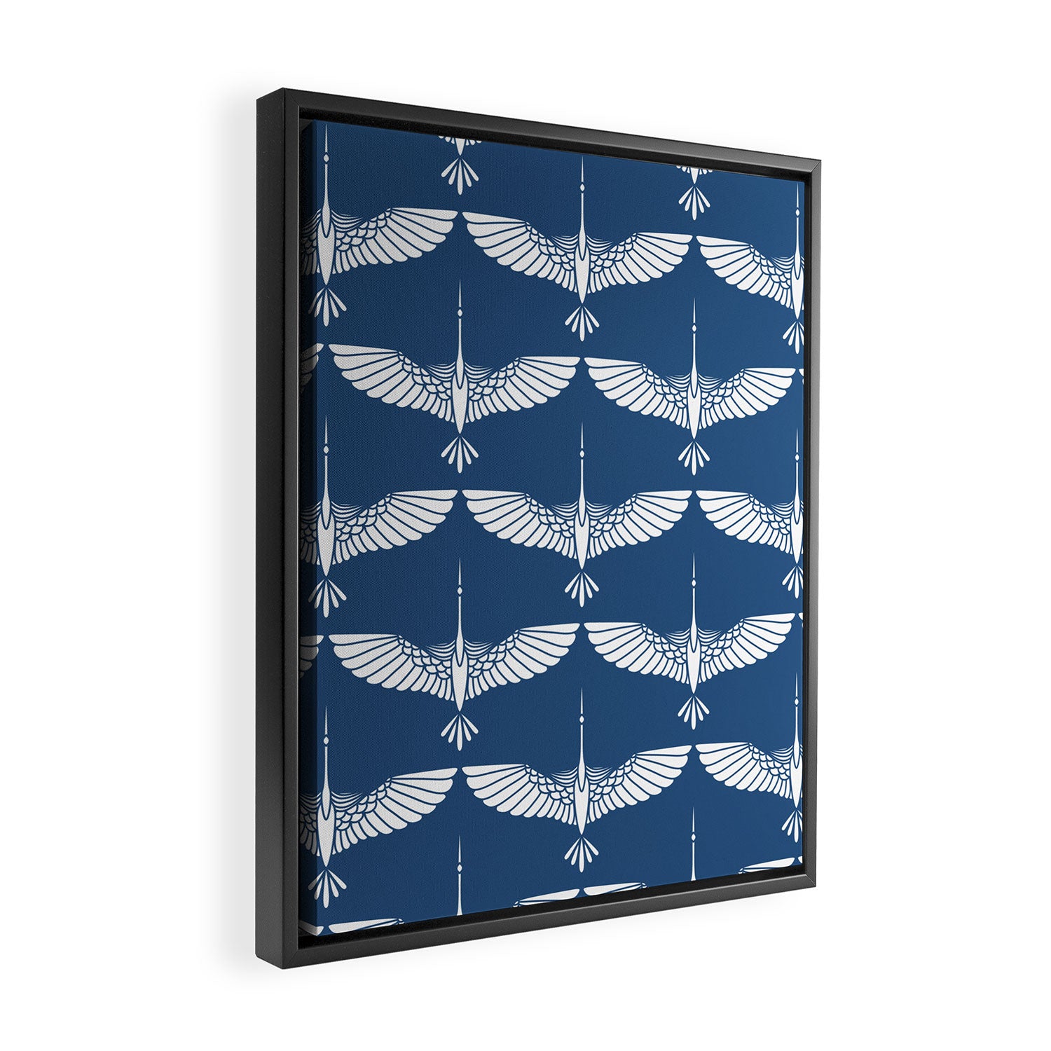 Japanese Crane Ornate Art Deco Blue & White Pattern Framed Canvas Print Gallery Image 2