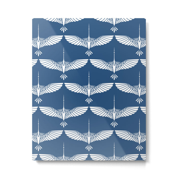 Japanese Crane Ornate Art Deco Blue & White Pattern Metal Print Gallery Image 1