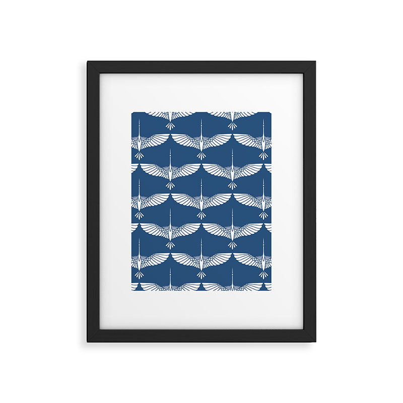 Japanese Crane Ornate Art Deco Blue & White Pattern Framed Art Print Gallery Image 6