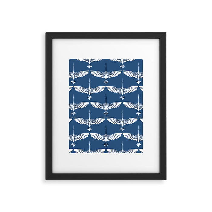 Japanese Crane Ornate Art Deco Blue & White Pattern Framed Art Print Gallery Image 1