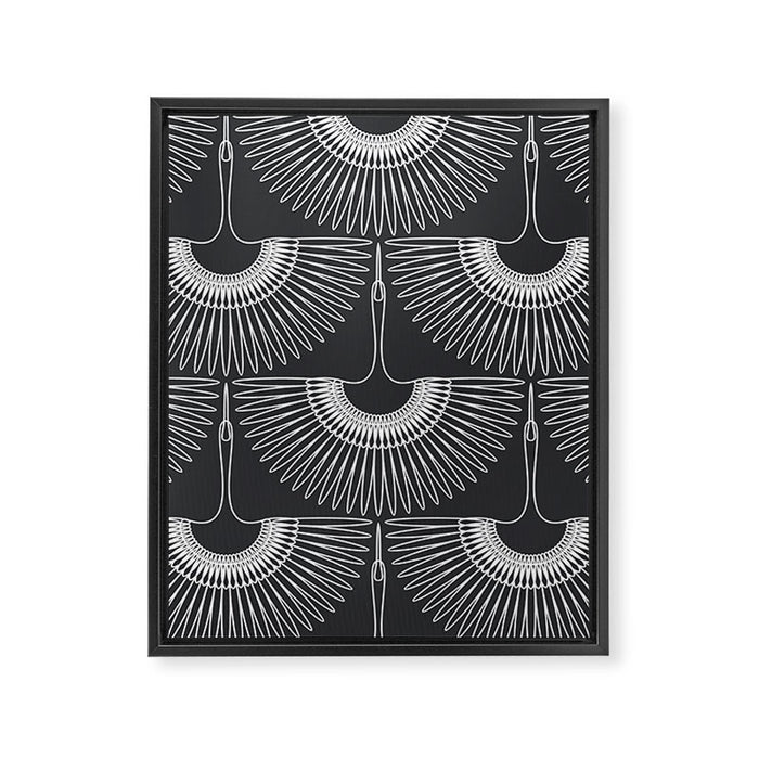 Japanese Crane Ornate Art Deco Dark Monochrome Pattern Framed Canvas Print Gallery Image 1