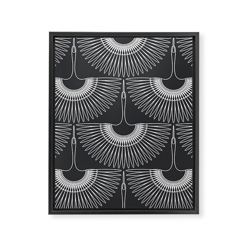 Japanese Crane Ornate Art Deco Dark Monochrome Pattern Framed Canvas Print Gallery Image 8