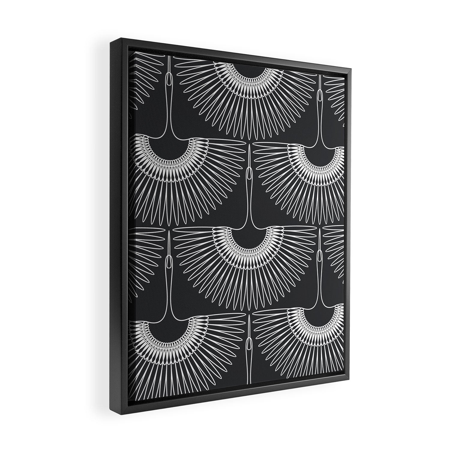 Japanese Crane Ornate Art Deco Dark Monochrome Pattern Framed Canvas Print Gallery Image 2